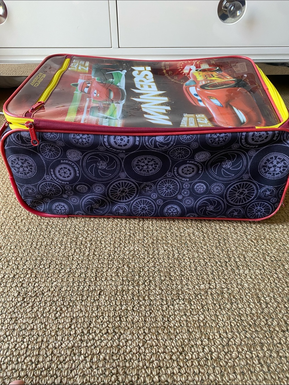 American Tourister Red and Yellow Lightning McQueen Rolling Luggage - Picture 3 of 7